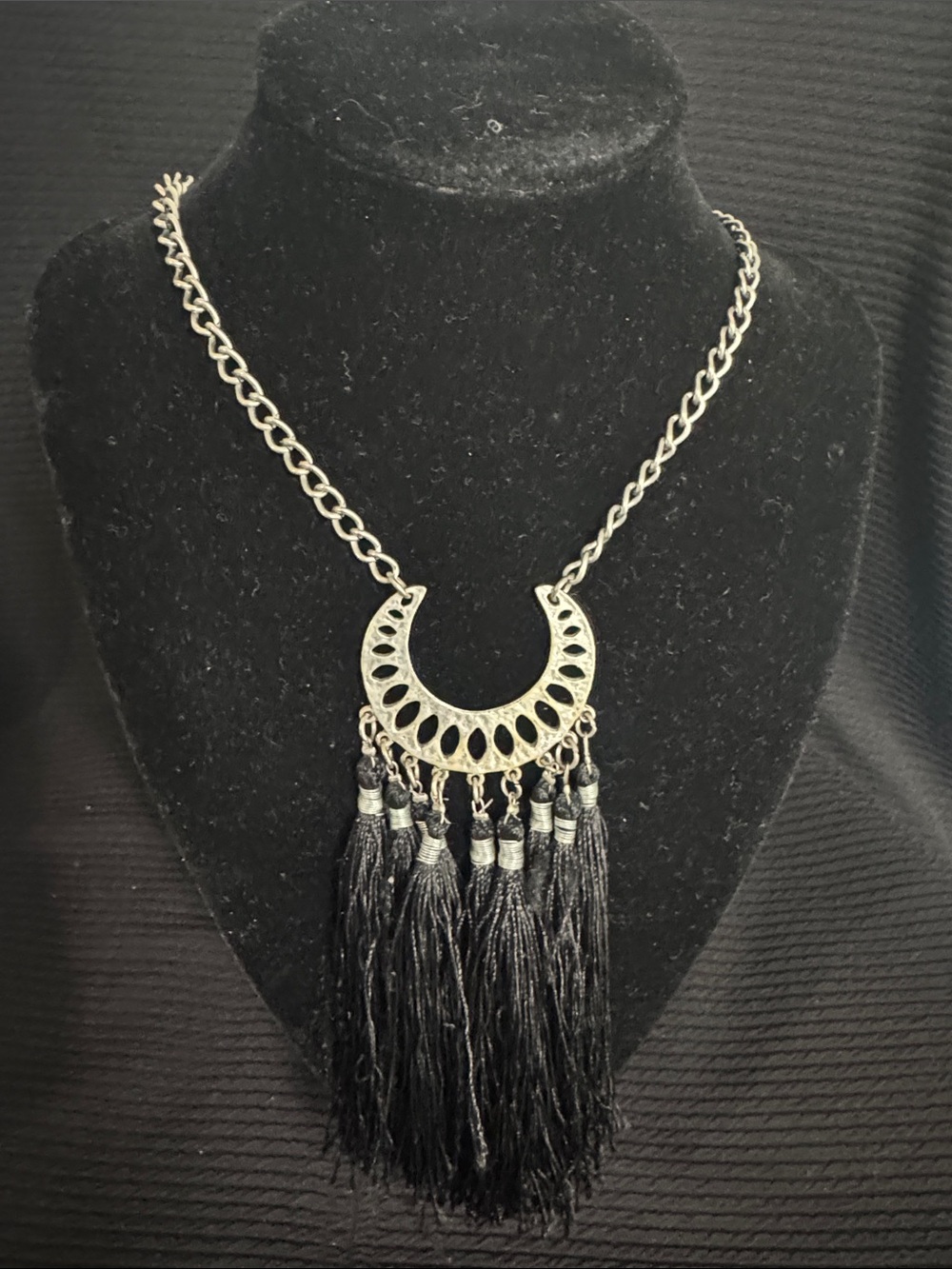 Boho Crescent Tassel Necklace - Black 31in